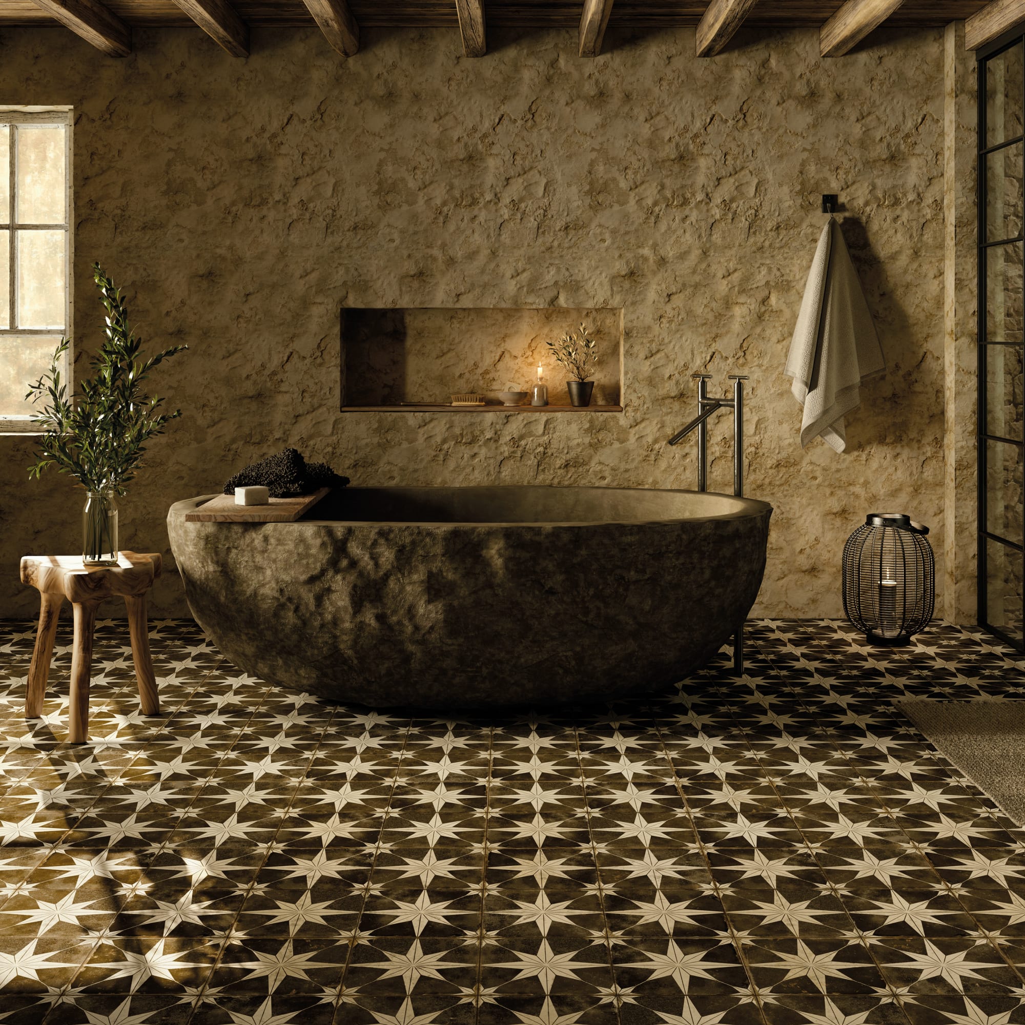 Carrelage Vintage effet Carreau ciment Etoile Blanche et Fond Noir 45x45x0,95 cm Sparta - Sol et mur intérieur Peronda